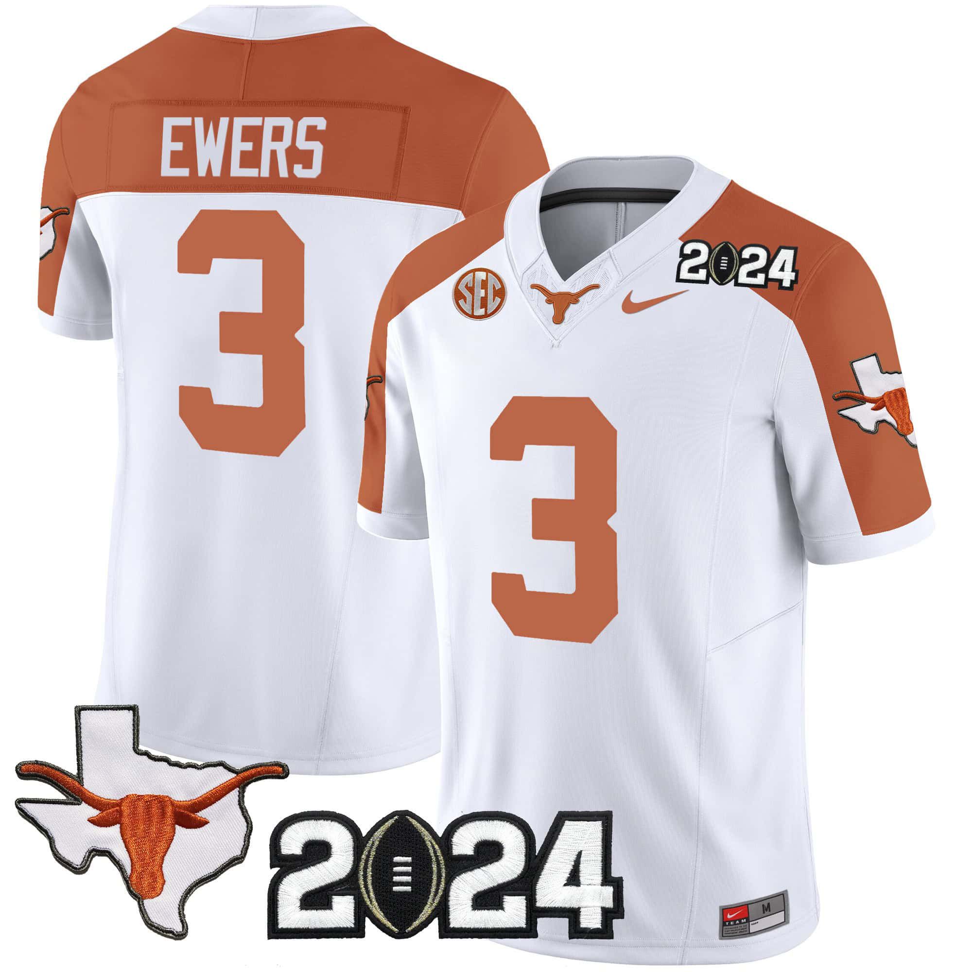 Men Texas Longhorns #3 Ewers White 2024 Nike Vapor Limited NCAA Jersey style 1